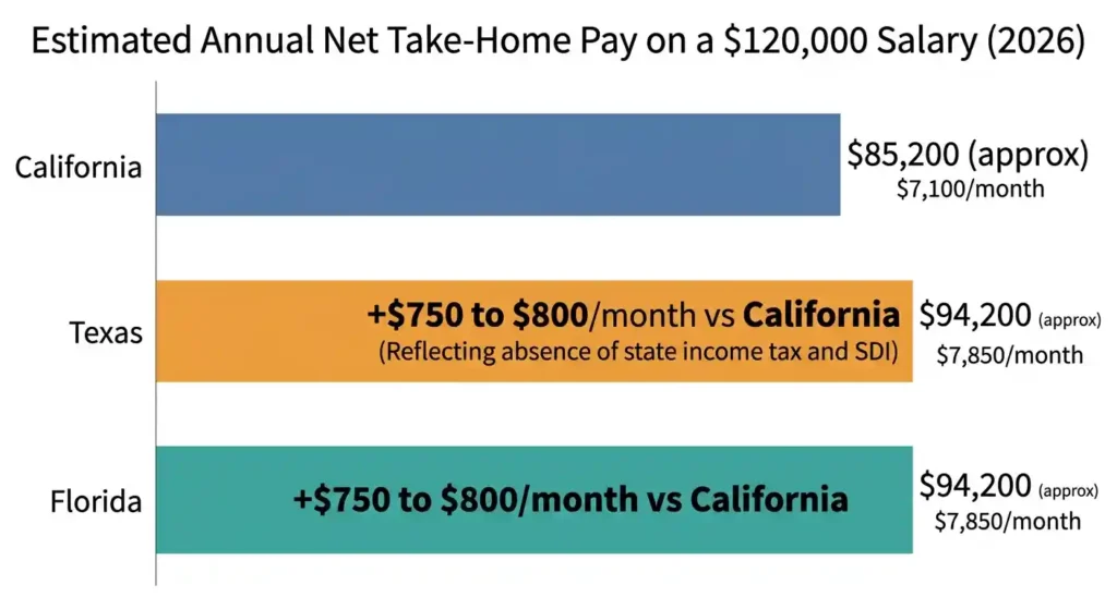California vs Texas vs Florida take-home pay comparison on 0K salary 2026 — state income tax impact on monthly net pay