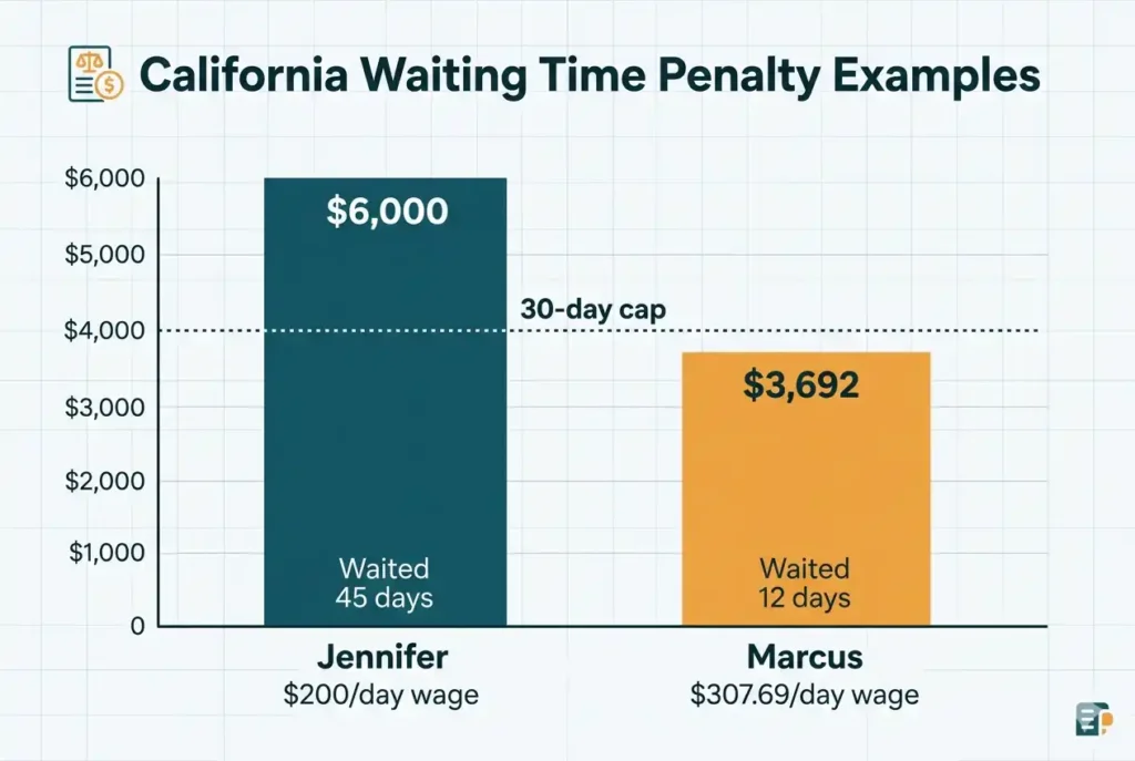California waiting time penalty calculation chart comparing Jennifer's ,000 and Marcus's ,692 penalty pay examples