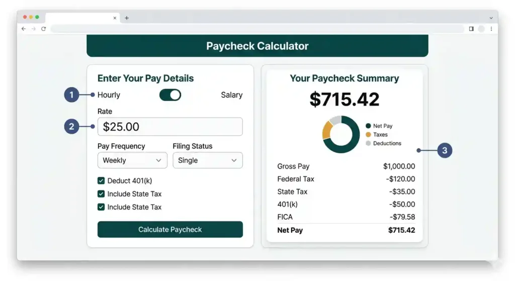Step-by-step guide showing how to use the Oakland paycheck calculator, including pay type toggle, input fields, and take-home pay results.