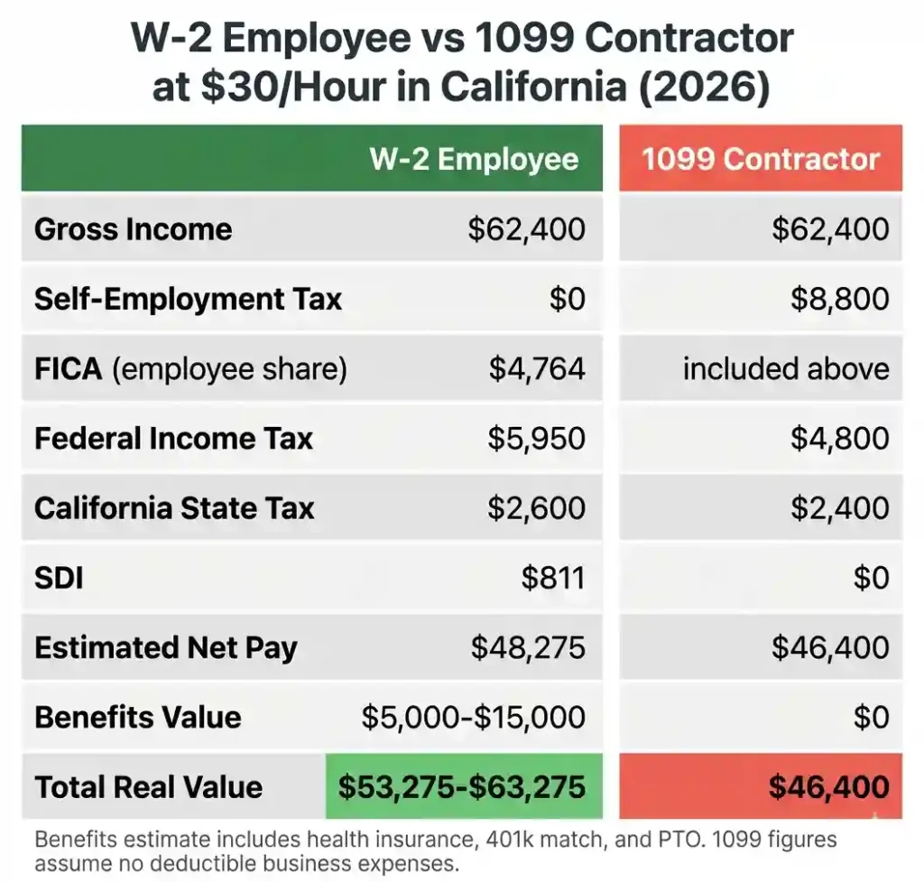 Side by side comparison table of W-2 employee versus 1099 contractor take-home pay at  an hour in California 2026 including taxes and benefits