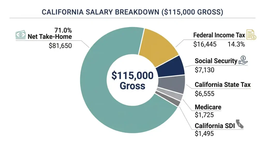Donut chart of 2026 tax breakdown on a 5,000 California salary