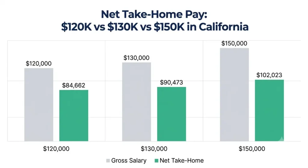 Bar chart comparing net take-home pay after taxes for 0,000, 0,000, and 0,000 salaries in California.