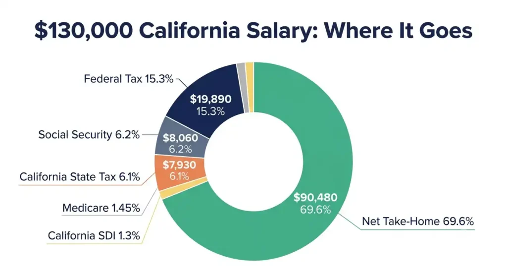 Donut chart showing how a 0,000 salary breaks down after taxes in California, including federal tax, state tax, Social Security, Medicare, and SDI.