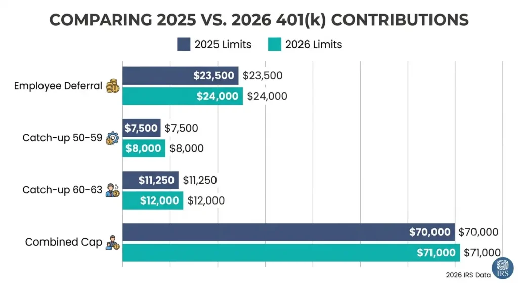Bar chart comparing 2025 and 2026 401k contribution limits including employee deferral, catch-up, and combined caps