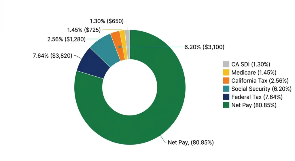 Chart showing how a $50,000 salary in California splits into federal tax, state tax, Social Security, Medicare, and SDI in 2026