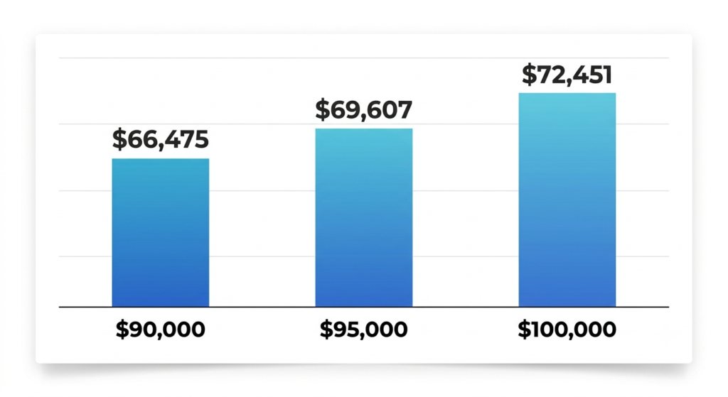Bar chart comparing net take-home pay for k, k, and 0k salaries in California for 2026
