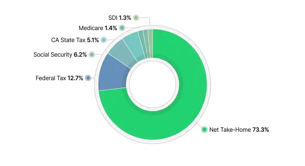 Pie chart showing where a k California salary goes after taxes in 2026, including federal, state, Social Security, Medicare, and SDI