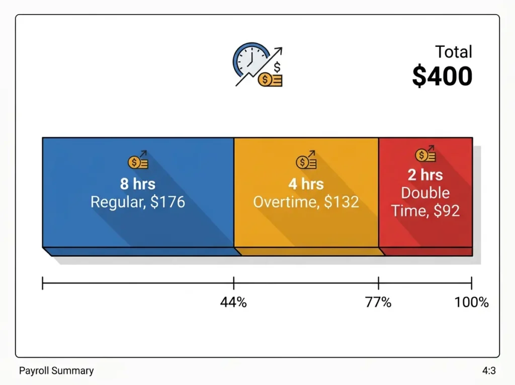 California 14 hour shift paycheck breakdown showing overtime and double time pay split
