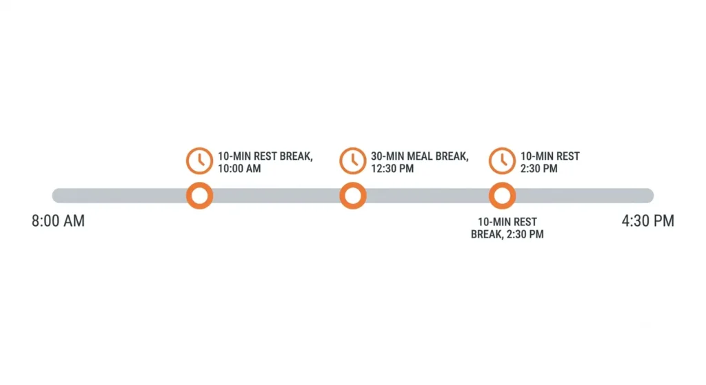 Timeline showing meal and rest break placement during a typical 8 hour California shift