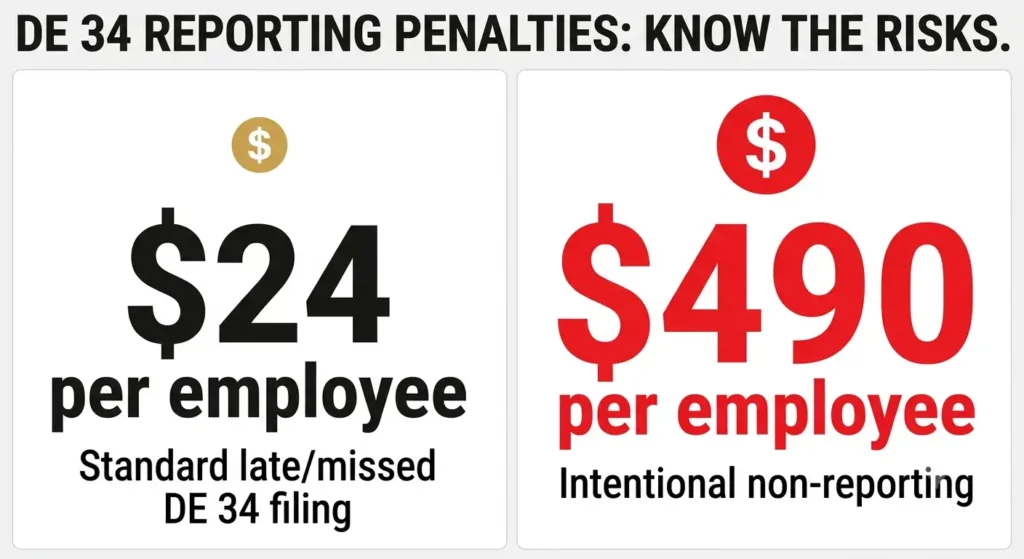 California DE 34 new hire report penalty amounts 24 dollars versus 490 dollars 2026