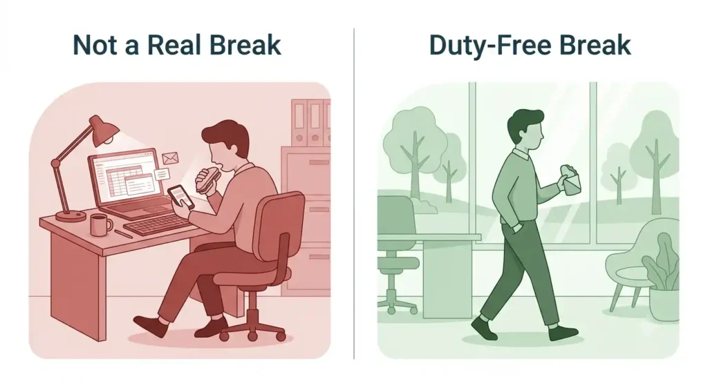Illustration comparing a real duty-free meal break to working through lunch under California law