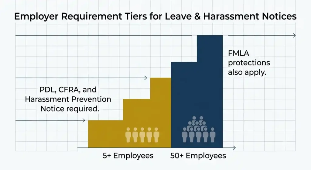 California employer leave notice requirements by employee headcount threshold 2026