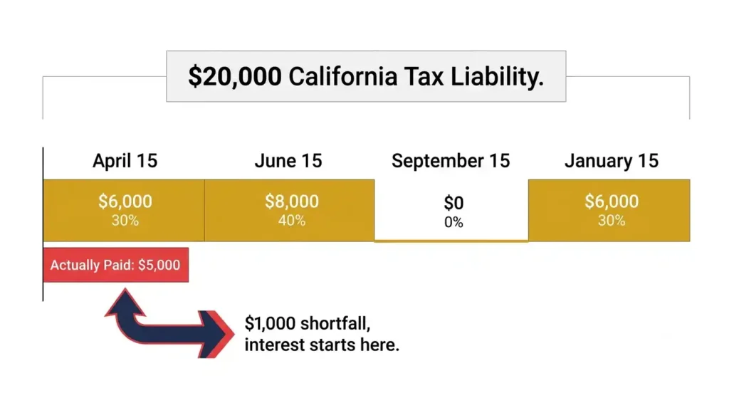 Example showing a ,000 California estimated tax shortfall on a ,000 liability triggering interest