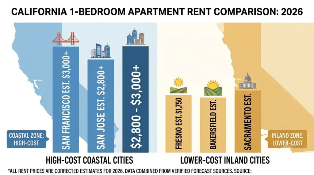 Comparison of one-bedroom rent in high-cost California cities versus lower-cost inland cities in 2026