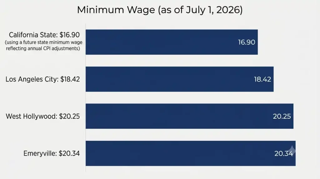 Bar chart comparing 2026 California local minimum wage rates used for split shift premium calculations