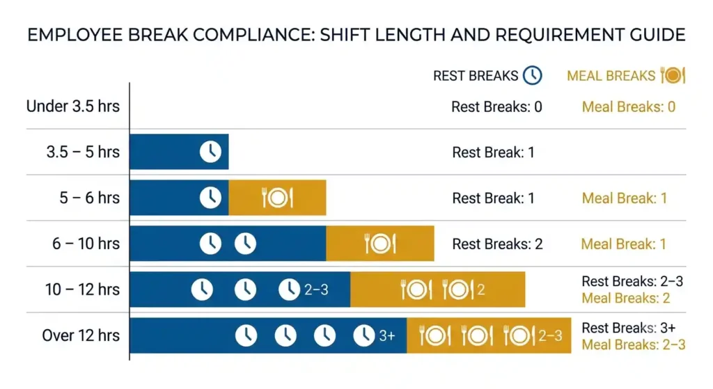California meal and rest break requirements chart showing breaks required by shift length