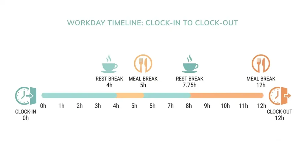 California meal and rest break schedule for a full work shift in 2026