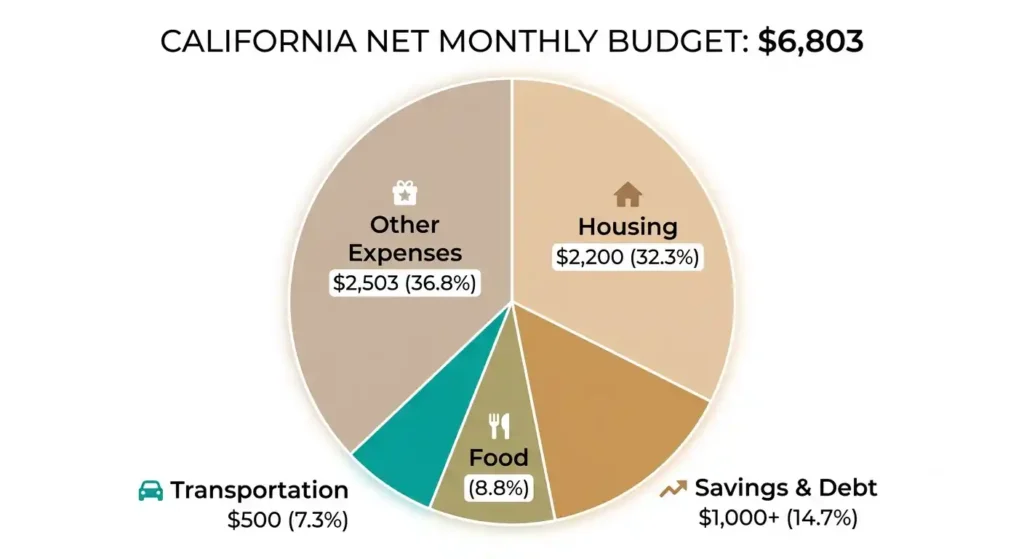 Sample monthly budget pie chart for a 5,000 California salary