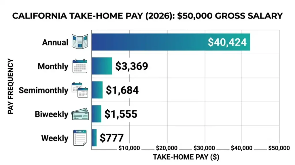 Bar chart comparing annual, monthly, biweekly, semimonthly, and weekly take-home pay for a ,000 California salary