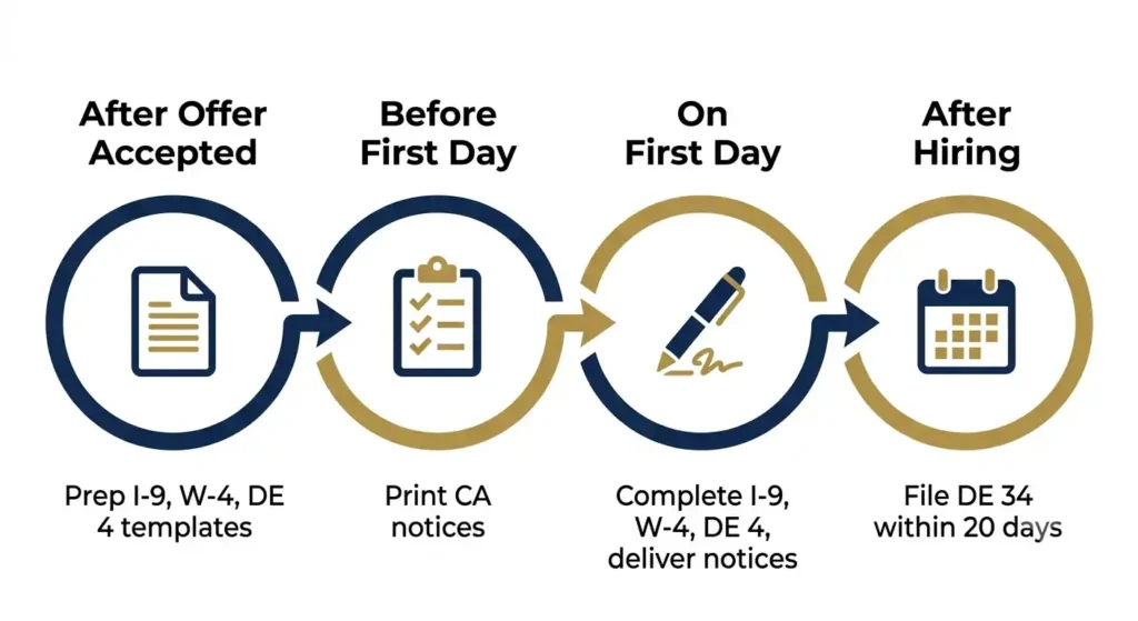 California new hire paperwork timeline showing four onboarding stages from offer to DE 34 filing