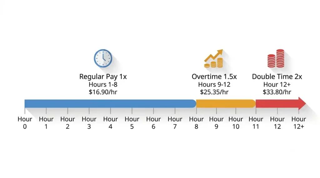 California overtime and double time pay tiers showing 1.5x and 2x rates by hour in 2026
