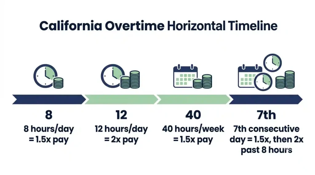 California overtime pay tiers 2026 showing 8-hour, 12-hour, and 40-hour thresholds