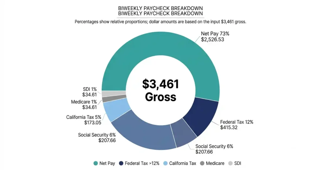 Breakdown of a ,000 California salary biweekly paycheck showing tax and deduction percentages