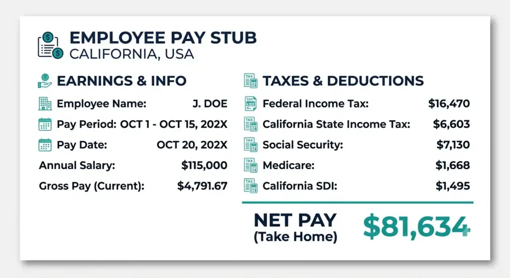 Sample California pay stub showing tax breakdown for a $115,000 salary in 2026