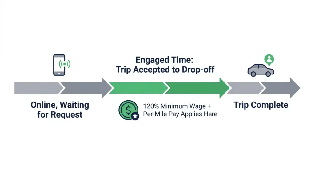 Diagram showing California Prop 22 engaged time versus online waiting time for rideshare drivers