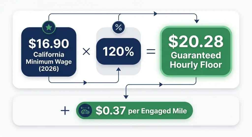 California Prop 22 2026 guaranteed pay formula showing 120 percent minimum wage plus per-mile rate