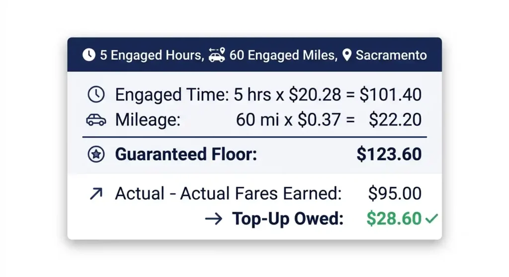 Example calculation of California Prop 22 guaranteed pay for an Uber driver in 2026