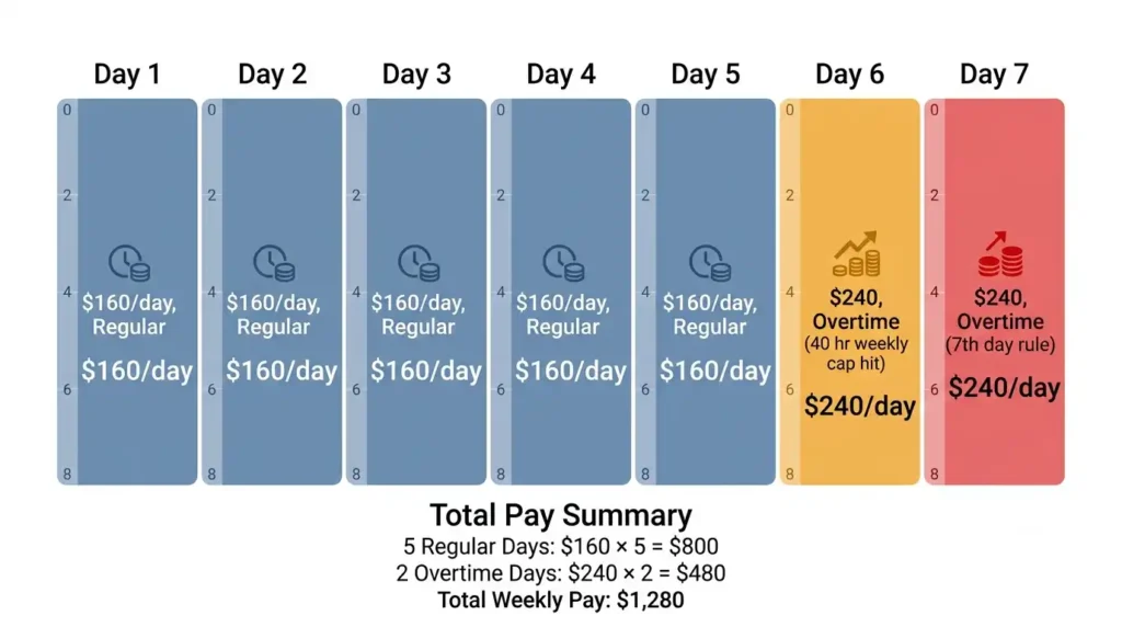 California seven consecutive day workweek overtime pay breakdown by day