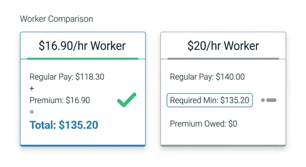 Comparison of split shift premium pay owed for a minimum wage worker versus a higher paid worker in California