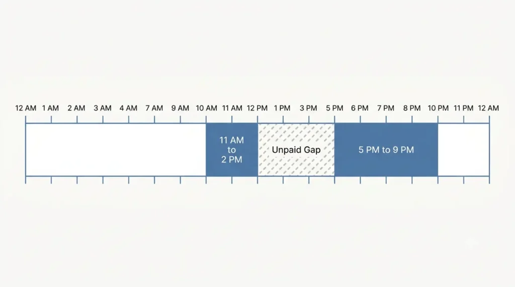 Timeline showing a California split shift schedule with an unpaid gap between two work blocks
