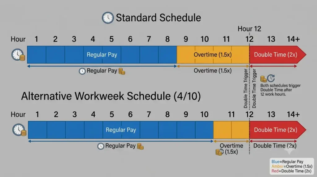 California standard schedule versus alternative workweek schedule overtime and double time triggers