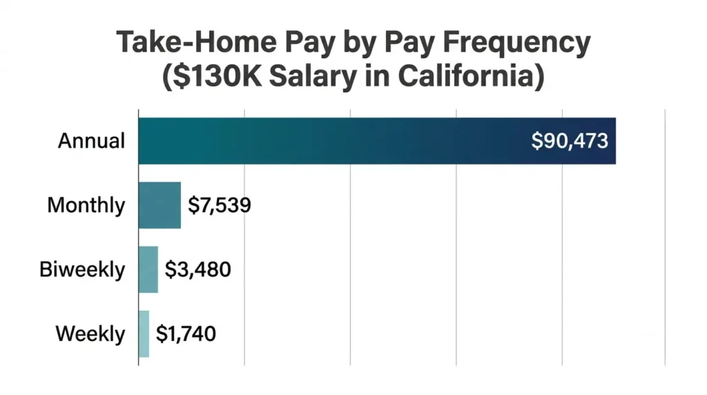 Bar chart comparing annual, monthly, biweekly, and weekly take-home pay for a 0,000 California salary.