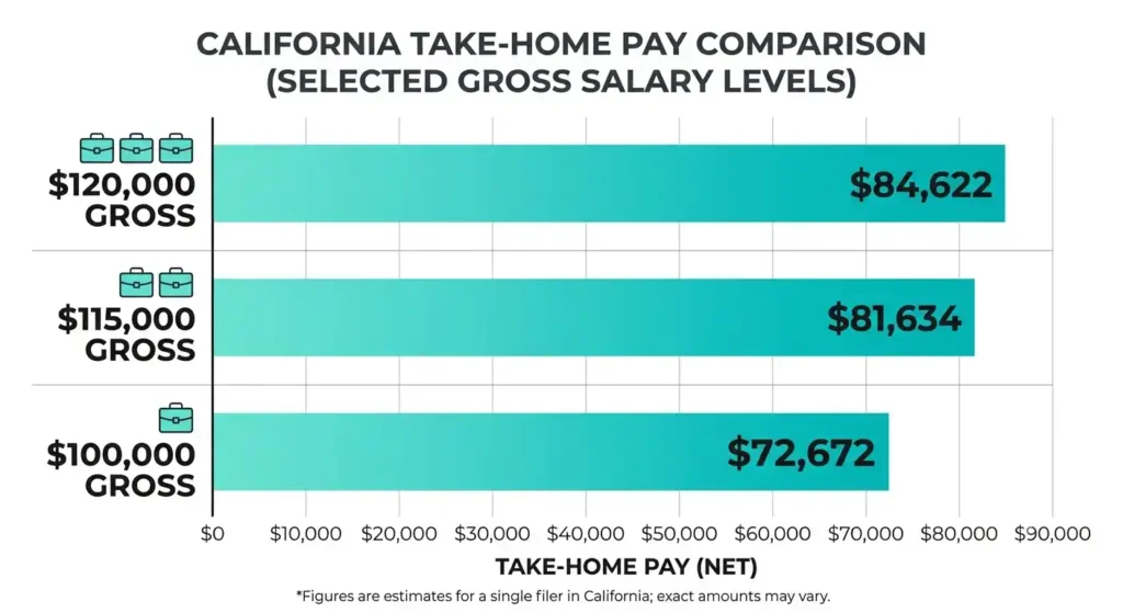 Bar chart comparing California take-home pay at 0k, 5k, and 0k salaries
