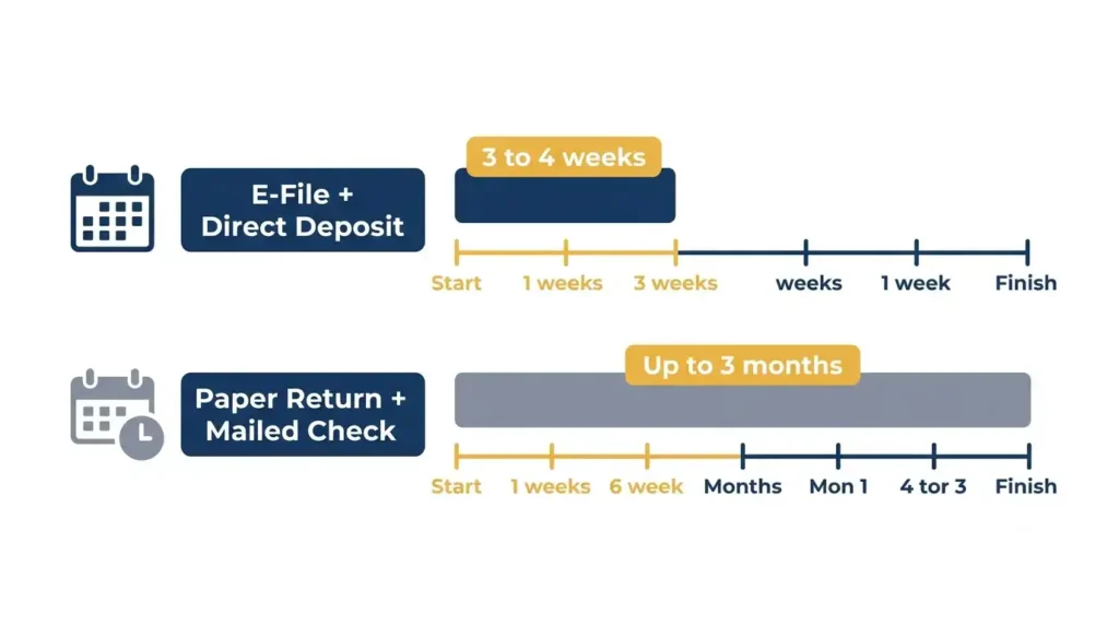 Comparison chart of California tax refund timelines for e-file versus paper returns in 2026