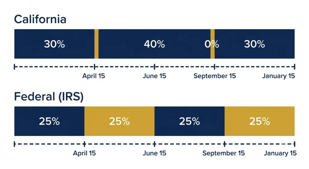 California's 30/40/0/30 estimated tax payment schedule compared to the IRS's equal 25/25/25/25 quarterly schedule