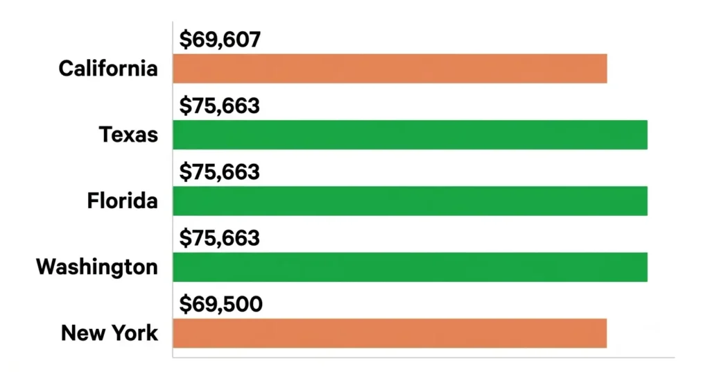 Bar chart comparing k after-tax take-home pay in California versus Texas, Florida, Washington, and New York in 2026