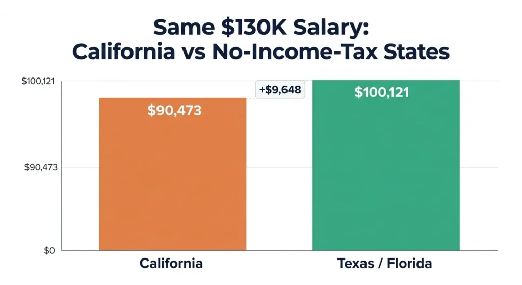 Bar chart comparing take-home pay for a 0,000 salary in California versus no-income-tax states like Texas and Florida.