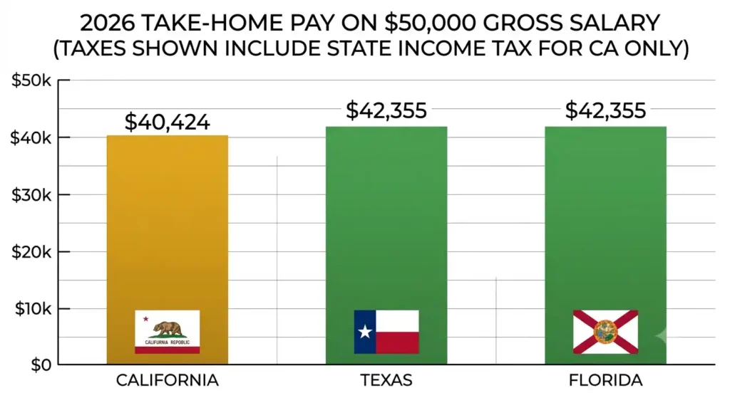 Bar chart comparing ,000 take-home pay in California versus Texas and Florida in 2026