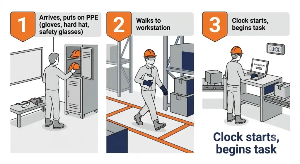 Donning and doffing paid time example for California warehouse workers