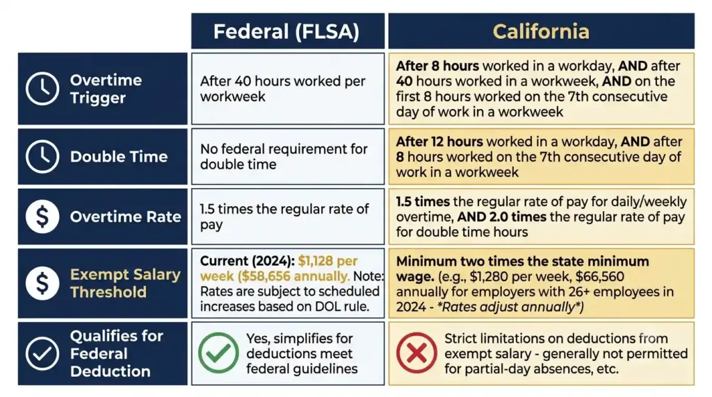 Federal FLSA overtime rules compared to California overtime rules for 2026, including double time and exempt salary thresholds