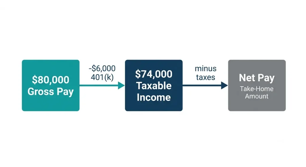 Flow diagram showing how gross pay becomes taxable income and then net pay in California
