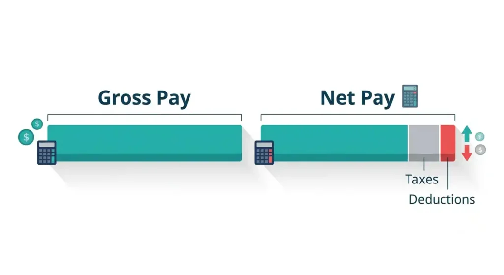 Visual comparison of gross pay versus net pay for California employees