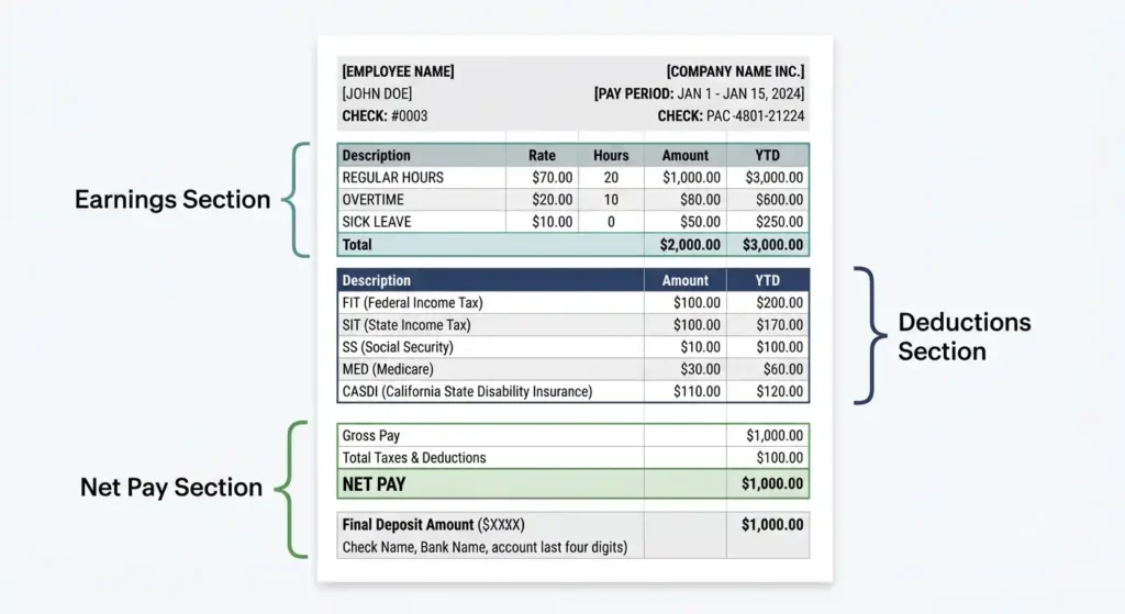 Annotated California pay stub showing earnings, deductions, and net pay sections