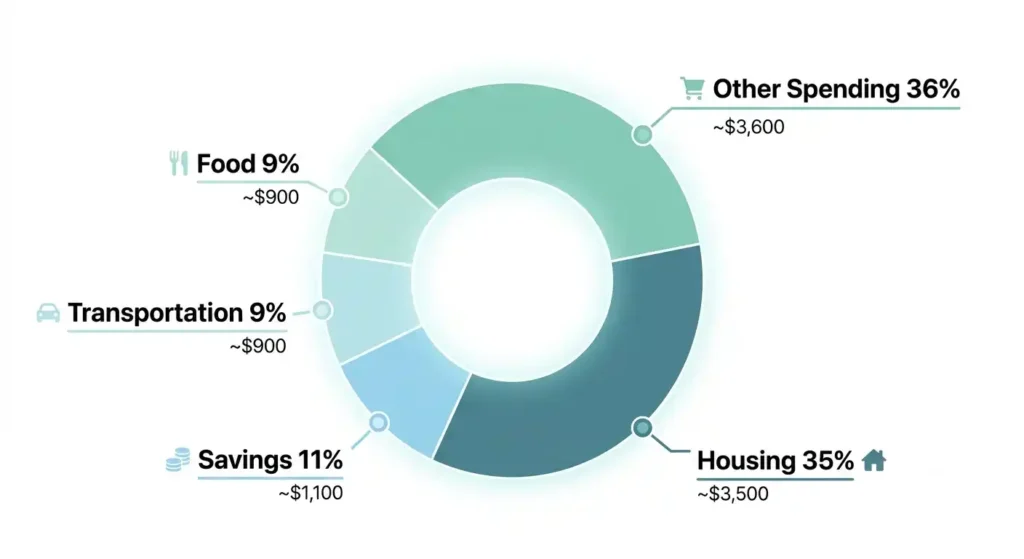 Donut chart of a sample monthly budget on a k California salary in 2026, covering housing, transportation, food, and savings