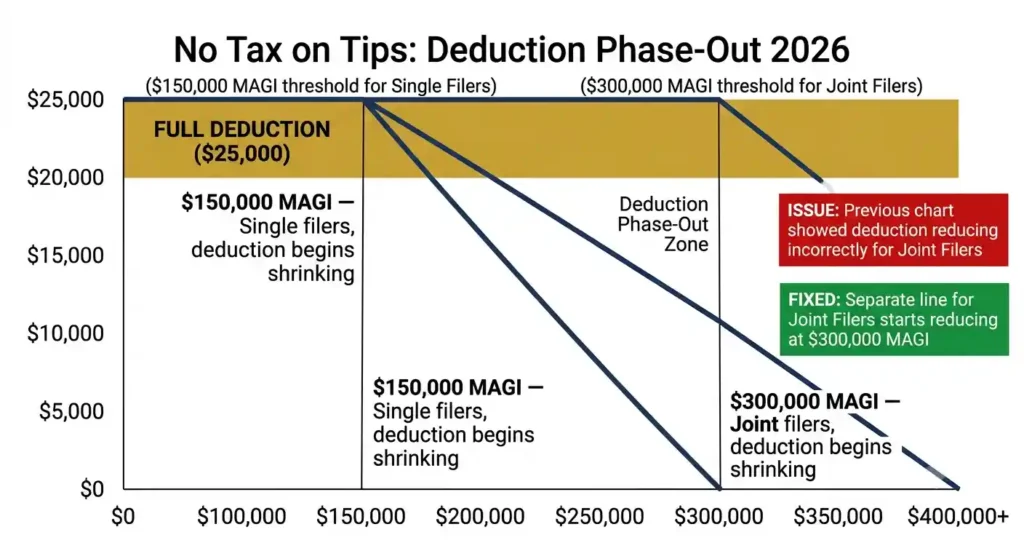2026 No Tax on Tips deduction phase-out chart showing $150,000 single and $300,000 joint MAGI thresholds