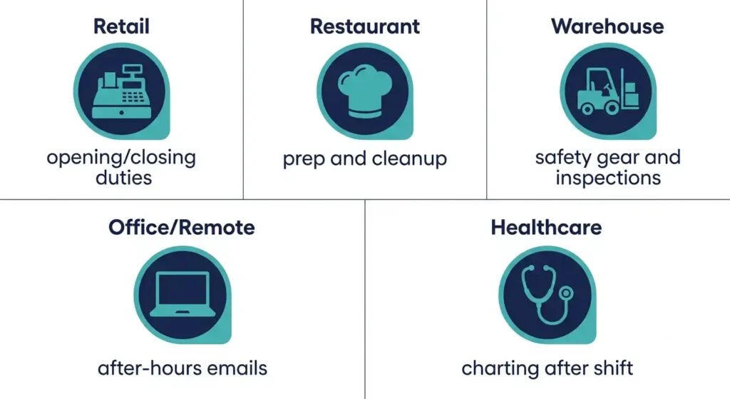 Off-the-clock work examples by industry in California including retail, restaurant, warehouse, office, and healthcare